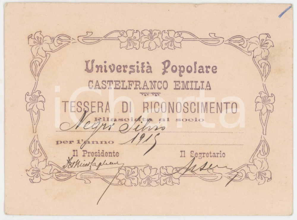 1915 CASTELFRANCO EMILIA Università popolare - Tessera di riconoscimento 12x9 cm Tessera d'epoca.  FAIR/discreto Piccolo strappo al margine superiore, lievi bruniture Formato: 12x9 cm originale e autentica 1