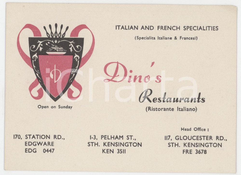 1970 ca LONDON - SOUTH KENSINGTON Dino's Restaurant - Tessera 11x8 cm Tessera d'epoca.  FAIR/discreto Lievi smussature agli angoli Formato: 11x8 cm originale e autentica 1