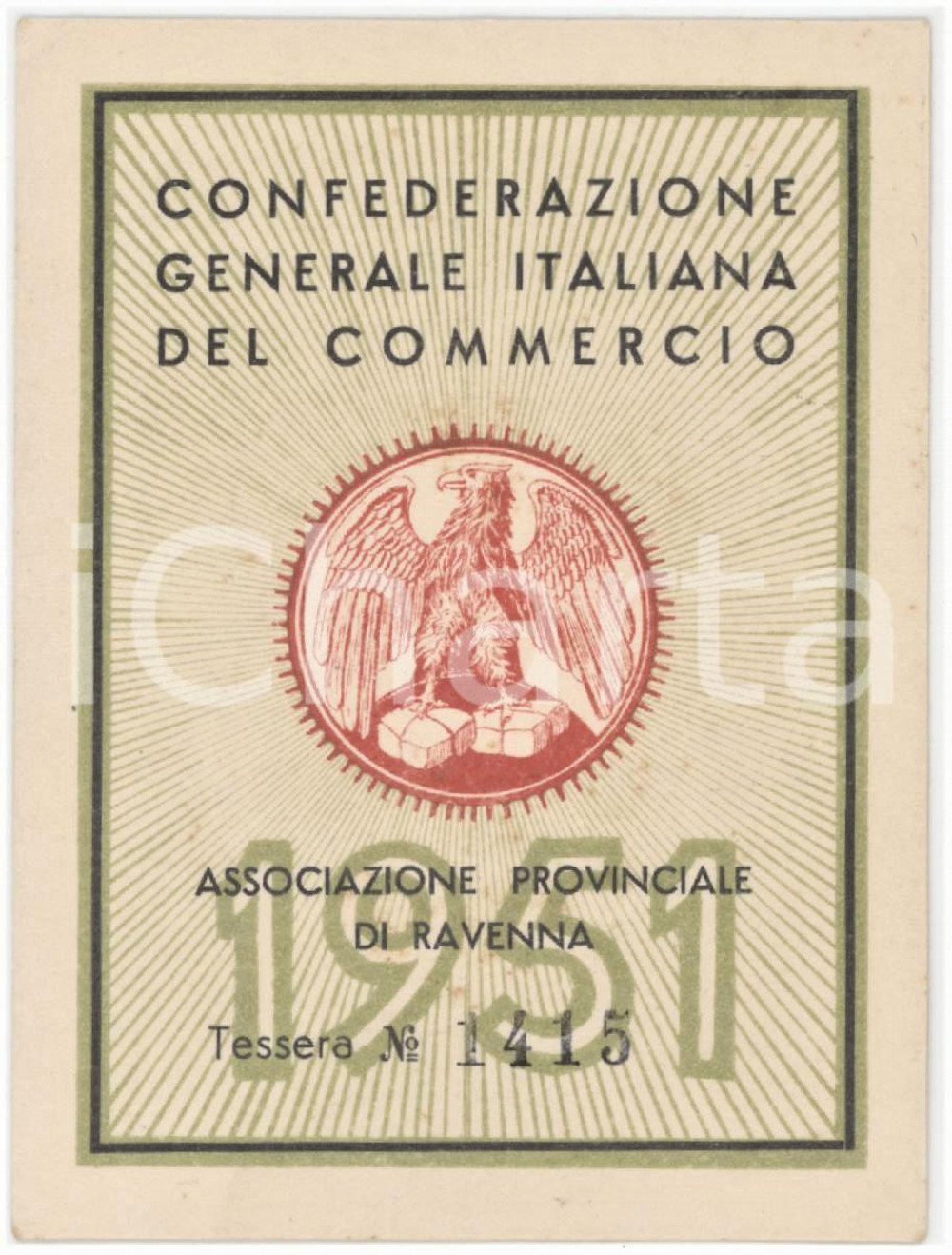 1951 RAVENNA Confederazione Generale Italiana del Commercio - Tessera 7x10 cm Tessera d'epoca. FAIR/discreto Lievi smussature agli angoli Formato: 7x10 cm originale e autentica 1