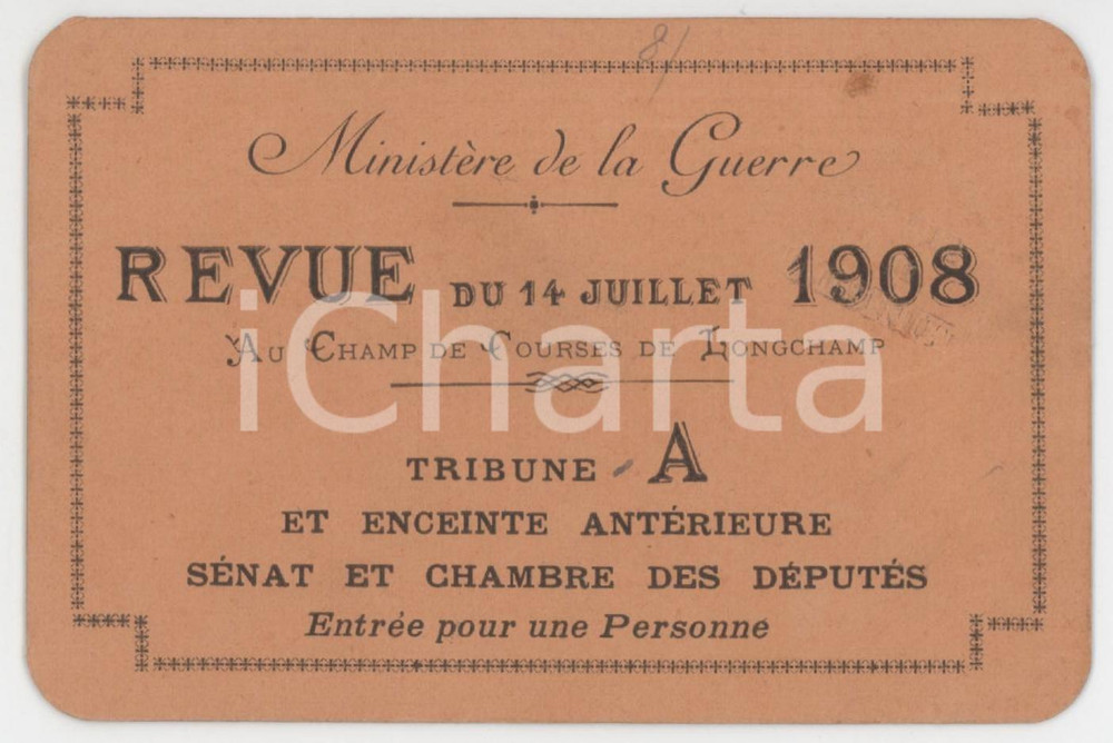 1908 LONGCHAMP Ministère de la Guerre - Revue au Champ de courses - Biglietto Biglietto d'epoca.  FAIR/discreto Residui di nastro adesivo al verso Formato: 11x7 cm originale e autentica 1