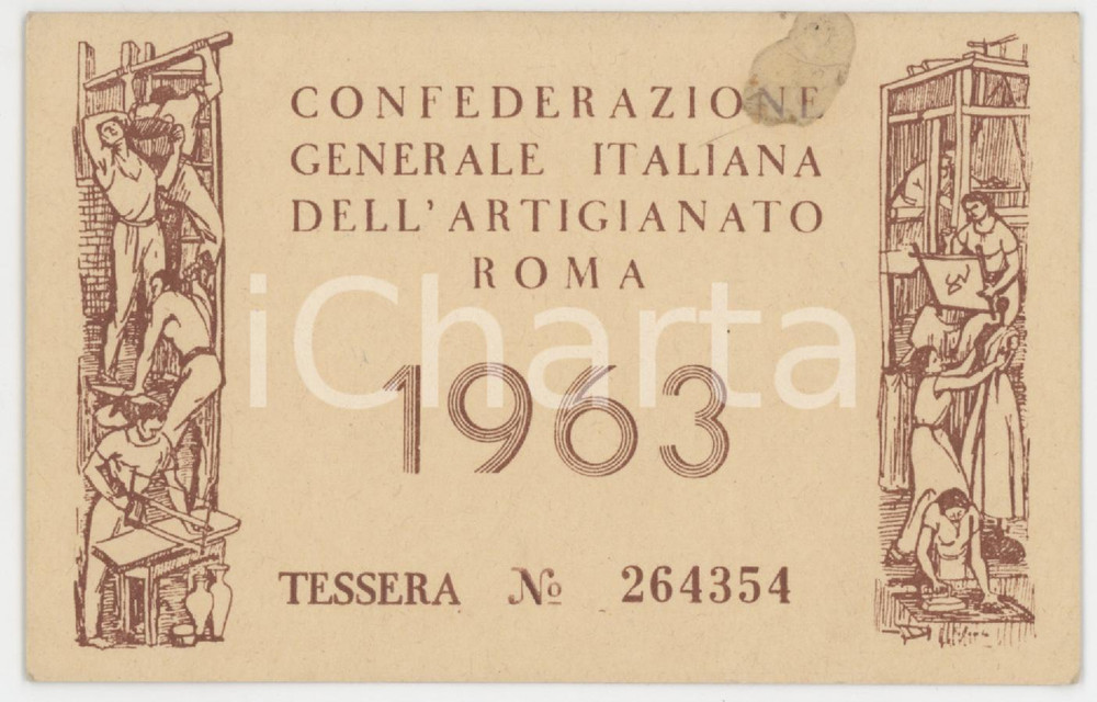 1963 ROMA Confederazione dell'artigianato - Tessera Ass. Artigiani di TRIESTE Tessera d'epoca.  FAIR/discreto Macchia al margine superiore Formato: 11x7 cm originale e autentica 1