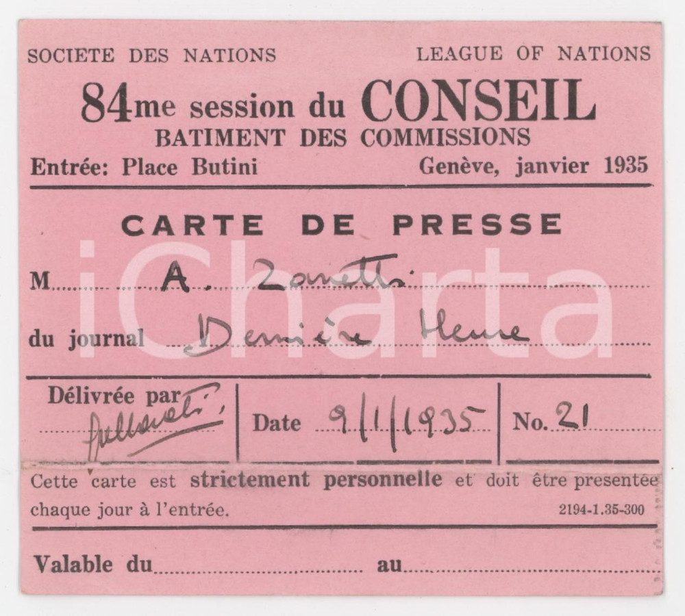 1935 GENÈVE League of Nations - 84me session du conseil - Carte de presse 10x9 Tessera d'epoca.  POOR/danneggiato Margini rifilati a mano, profonda piegatura al margine inferiore Formato: 10x9 cm originale e autentica 1