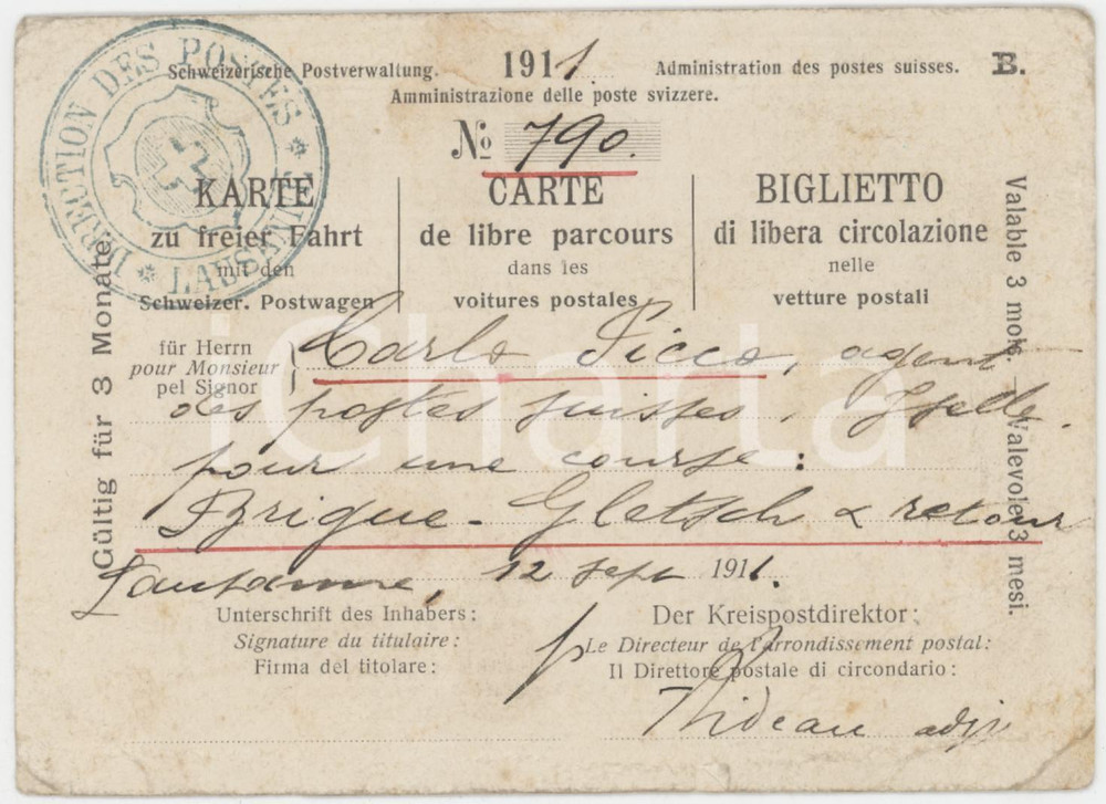 1911 POSTE SVIZZERE Biglietto libera circolazione vetture postali 12x9 cm Biglietto d'epoca.  POOR/danneggiato Gualciture, piegature e bruniture diffuse Formato: 12x9 cm originale e autentica 1