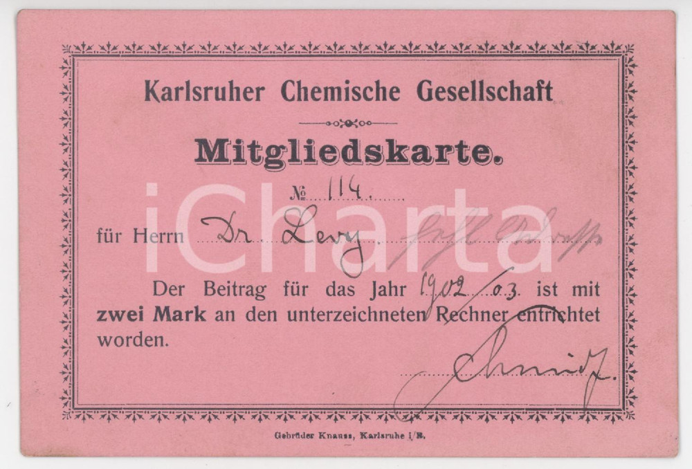 1902 KARLSRUHER CHEMISCHE GESELLSCHAFT Mitgliedskarte 11x8 cm Tessera d'epoca.  FAIR/discreto Lievi smussature agli angoli Formato: 11x8 cm originale e autentica 1