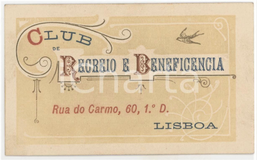1930 ca LISBOA - PORTUGAL Club de recreio e beneficencia - Tessera 10x6 cm Tessera d'epoca.  POOR/danneggiato Estesa abrasione al verso, piccole macchie al recto Formato: 9x7 cm originale e autentica 1