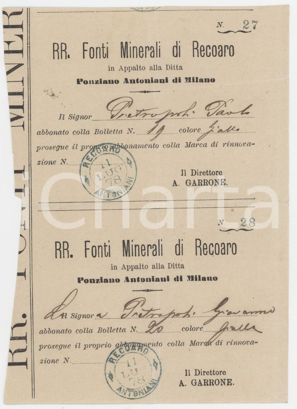 1878 RECORARO TERME Regie Fonti Minerali - Rinnovo abbonamento - 2 biglietti Due biglietti d'epoca.  FAIR/discreto Piegature centrali, margine sinistro rifilato a mano Formato: 12x16 cm originale e autentica 1