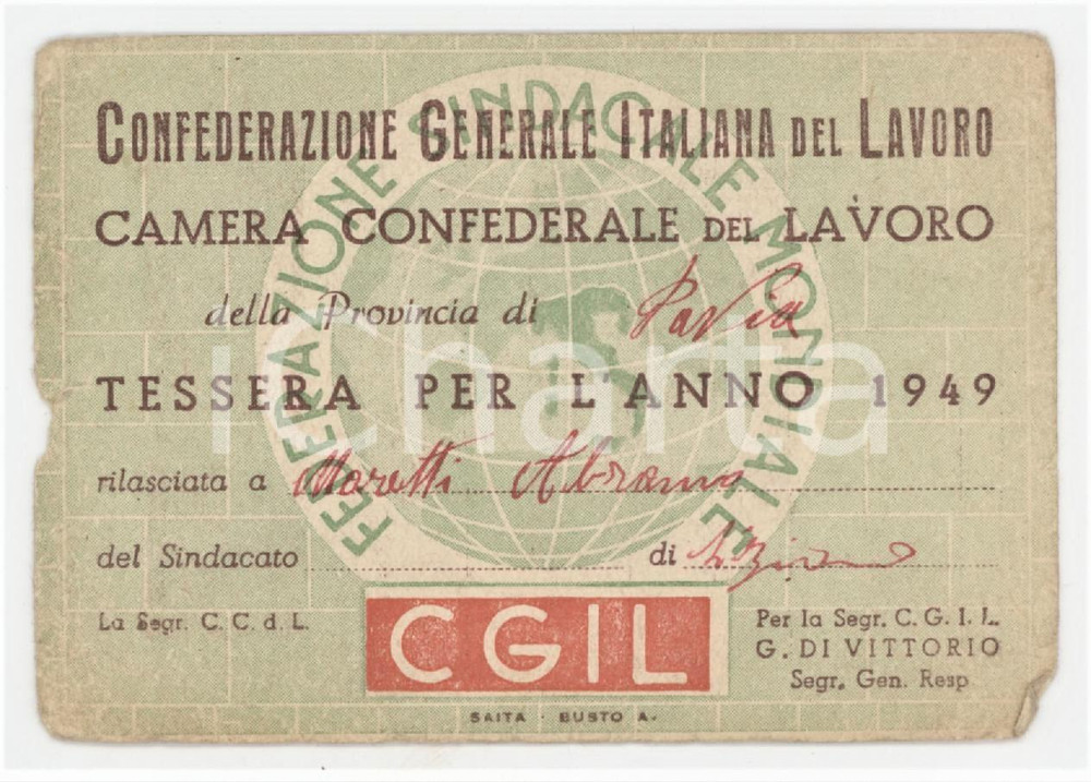 1949 PAVIA - CGIL Federazione braccianti e salariati agricoli - Tessera 10x7 cm Tessera d'epoca.  VERY POOR/gravemente danneggiato Piegature, strappi e gualciture ai margini Formato: 10x7 cm originale e autentica 1