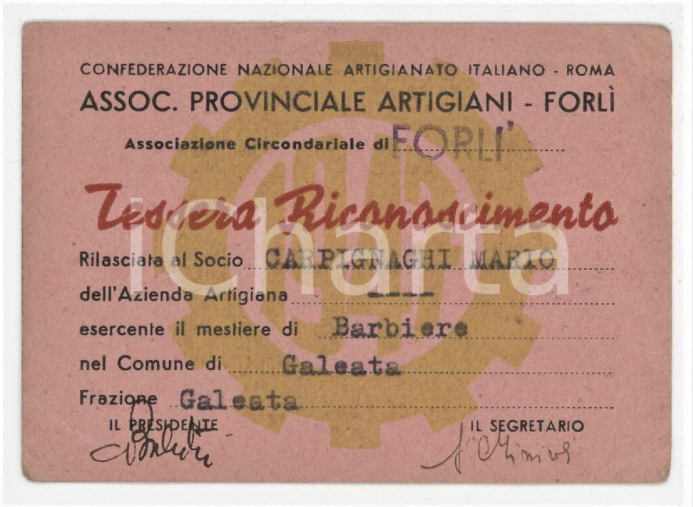 1947 GALEATA Associazione provinciali artigiani FORLÌ Tessera 10x7 cm Tessera d'epoca.  FAIR/discreto Lievi smussature agli angoli Formato: 10x7 cm originale e autentica 1