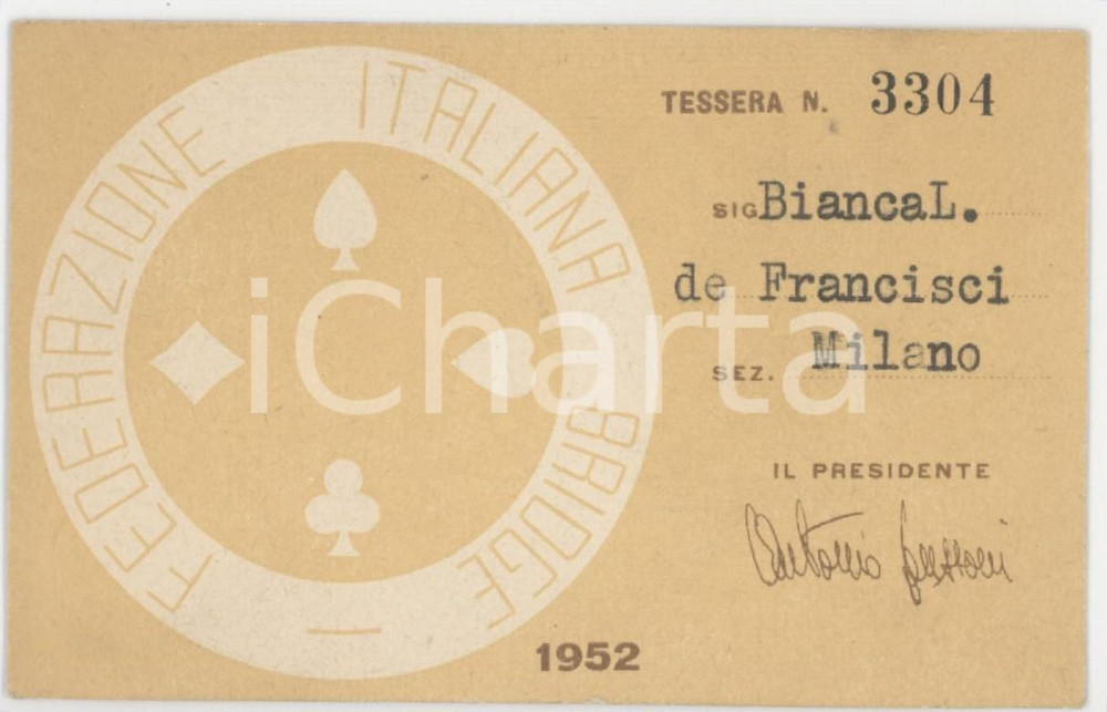 1952 MILANO Federazione italiana bridge - Tessera 10x6 cm Tessera d'epoca.  FAIR/discreto Lievi smussature agli angoli Formato: 10x6 cm originale e autentica 1