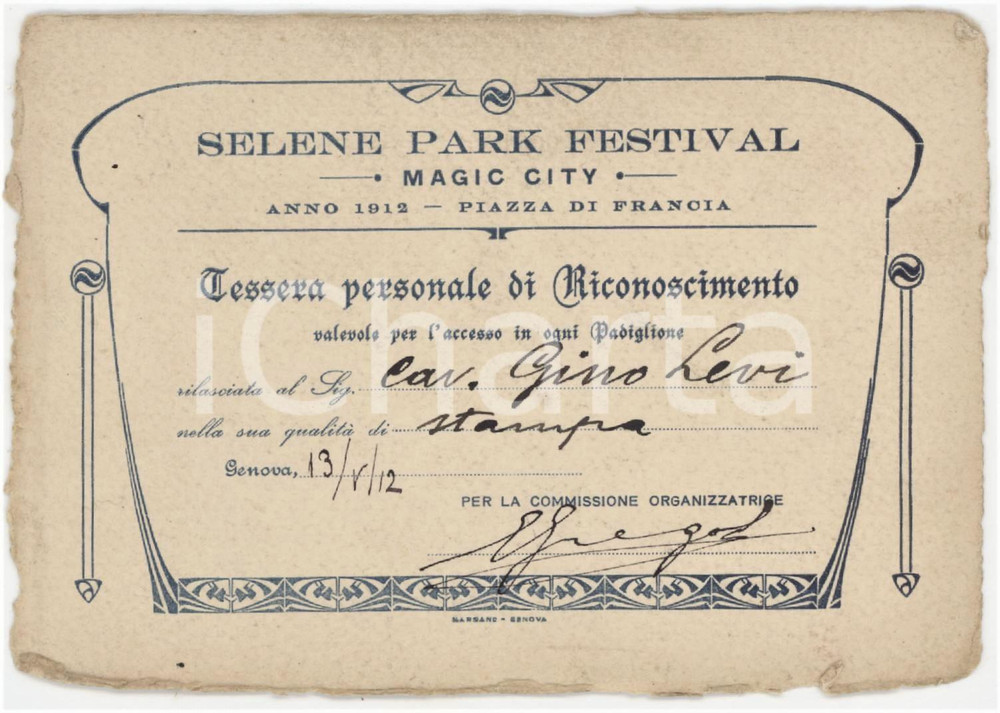 1912 GENOVA - SELENE PARK FESTIVAL Magic City - Tessera Cav. Gino LEVI - 12x8 cm Tessera d'epoca. Al verso timbro dell'Esposizione Internazionale di Marina e di Igiene di Genova.  FAIR/discreto Bruniture diffuse, gualciture e piegature ai margini Formato: 12x8 cm originale e autentica 1