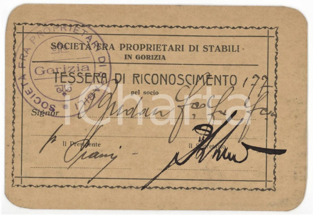 1930 ca GORIZIA Società proprietari di stabili - Tessera 11x7 cm Tessera d'epoca.  FAIR/discreto Lievi smussature agli angoli Formato: 11x7 cm originale e autentica 1