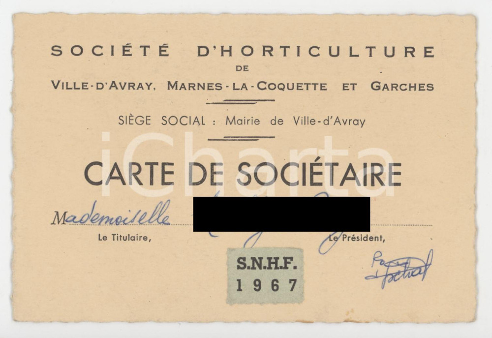 1967 Société d'horticulture de VILLE D'AVRAY Marnes-La-Coquette GARCHES Carte Tessera d'epoca.   FAIR/discreto Bruniture diffuse Formato: 12x8 cm originale e autentica 1