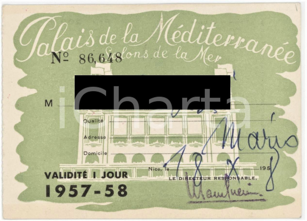 Oggetto da collezione cartaceo 1958 NICE Palais de la Méditerranée  Salons de la mer  Carte validité 1 jour 1