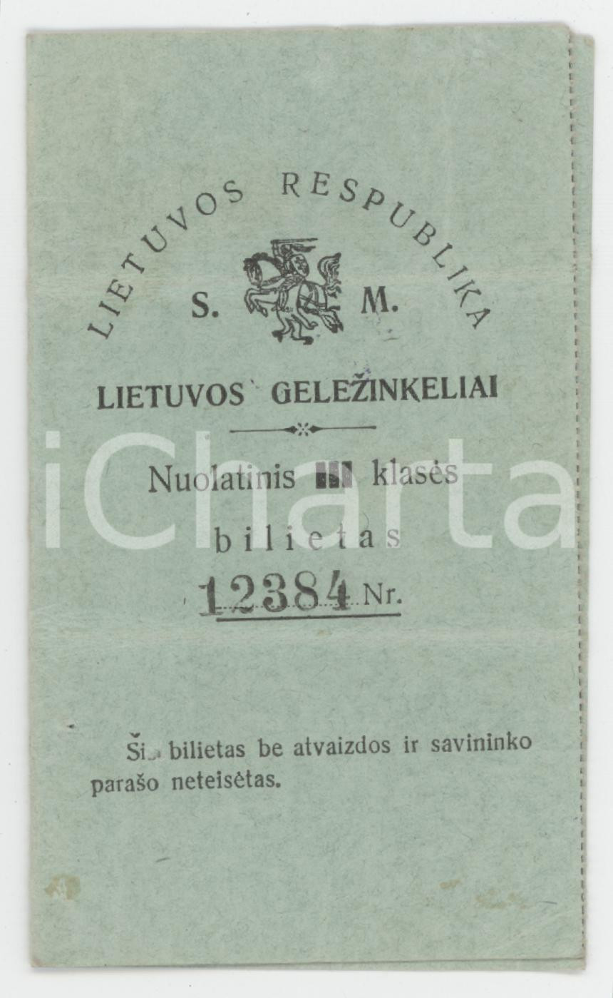 1929 LIETUVOS RESPUBLIKA Lietuvos Gelezinkeliai - Nuolatinis klases - Bilietas Tessera d'epoca.  VERY POOR/gravemente danneggiato Profonde piegature orizzontali, residui di colla e abrasioni Formato: 6x11 cm originale e autentica 1