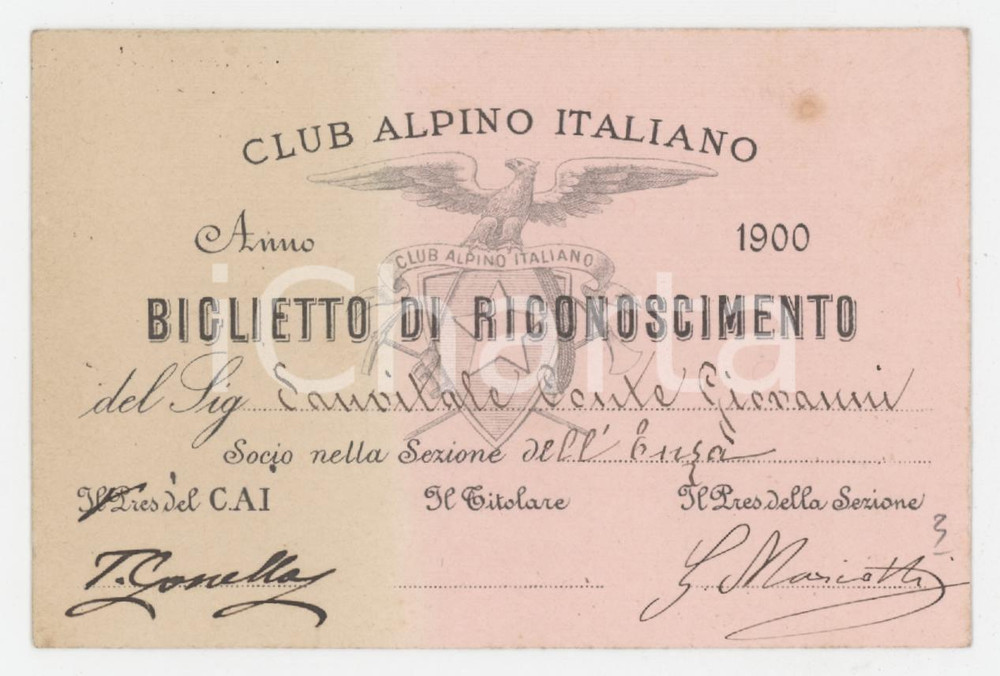 1900 CAI Tessera Conte Giovanni SANVITALE Alpino Italiano Tessera d'epoca.  POOR/danneggiato Lievi smussature agli angoli, esteso alone Formato: 9x7  cm originale e autentica 1