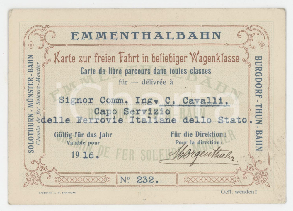 1916 SWITZERLAND - EMMENTHALBAHN Tessera Carlo CAVALLI Capo Servizio FF.SS. Tessera d'epoca.  FAIR/discreto Lievi smussature agli angoli Formato: 12X8 cm originale e autentica 1