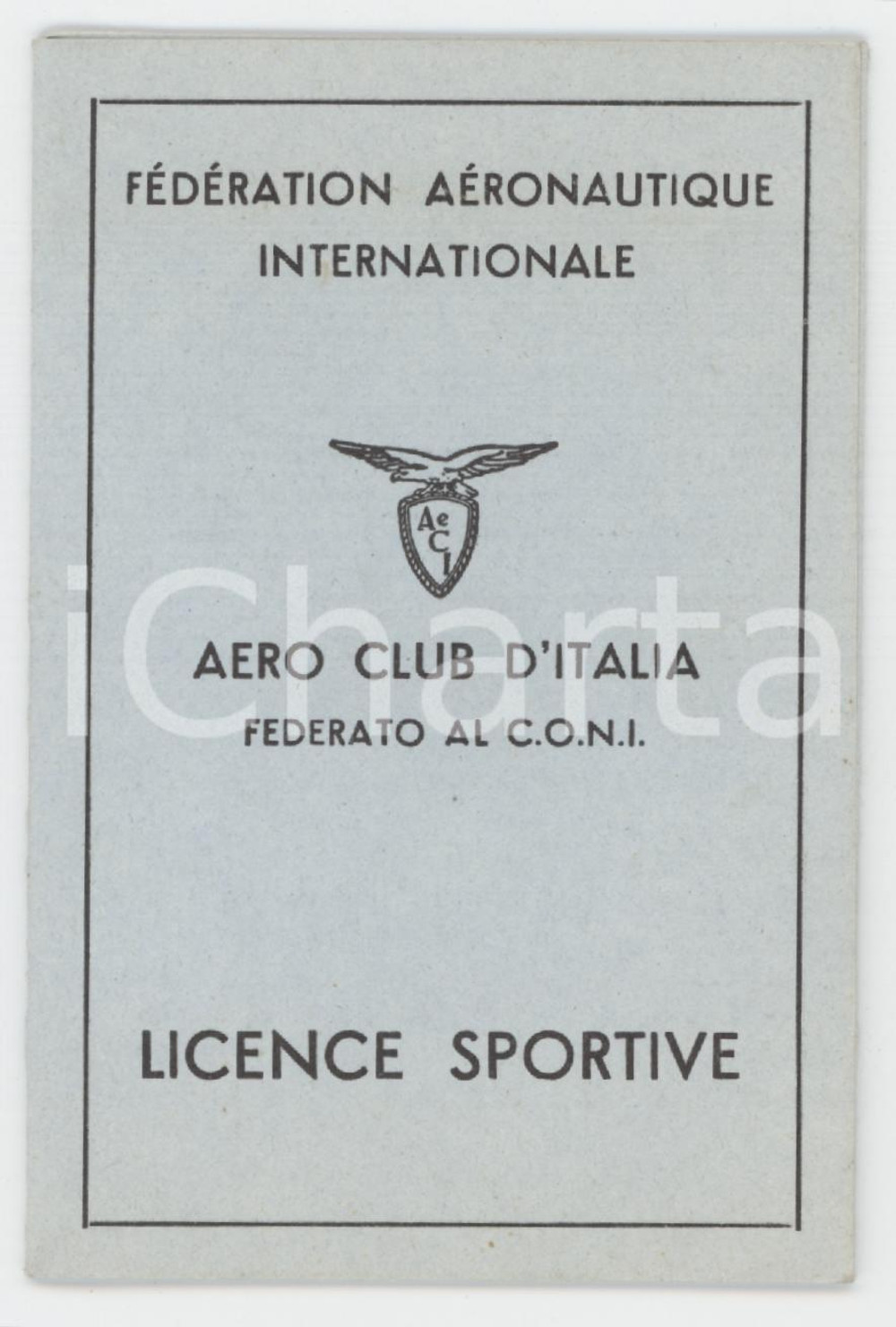 Oggetto da collezione cartaceo 1960 ca AERO CLUB ITALIA Fédération Aéronautique Internationale License sportive 1