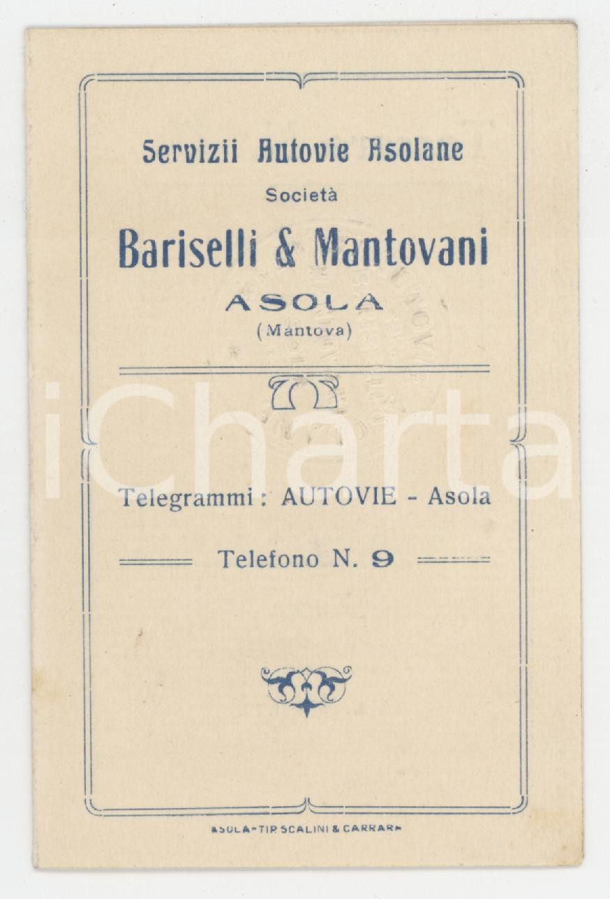 1932 ASOLA - BARISELLI & MANTOVANI Servizii Autovie Asolane - Tessera 6x10 cm Tessera d'epoca.  FAIR/discreto Lievi smussature agli angoli Formato: 6x10 cm originale e autentica 1
