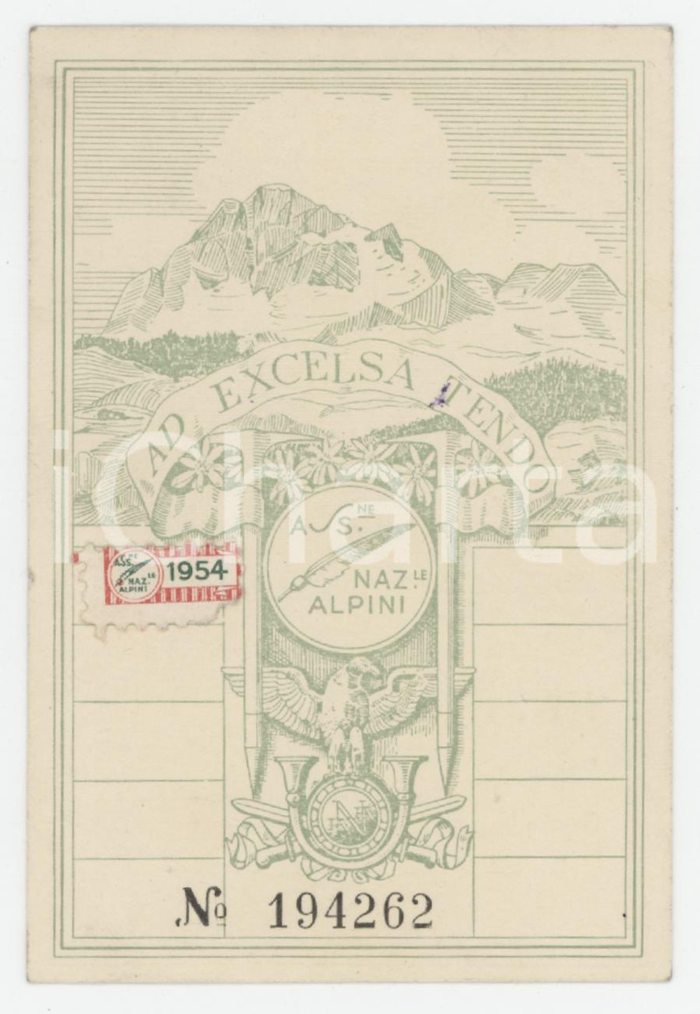 1954 ANA Sezione di AOSTA Tessera Associazione Nazionale Alpini 7x10 cm Tessera d'epoca.  FAIR/discreto Lievi smussature agli angoli Formato: 7x10 cm originale e autentica 1