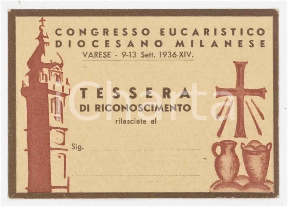 1936 MILANO Congresso Eucaristico Diocesano - Tessera 10x7 cm Tessera d'epoca.  FAIR/discreto Lievi smussature agli angoli Formato: 10x7 cm originale e autentica 1