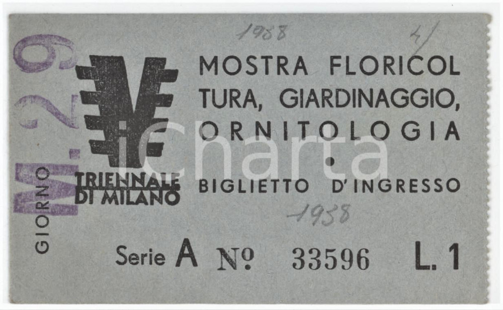 1938 TRIENNALE MILANO Mostra floricoltura, giardinaggio, ornitologia - Tessera Tessera d'epoca.  FAIR/discreto Lievi smussature agli angoli Formato: 10x6 cm originale e autentica 1