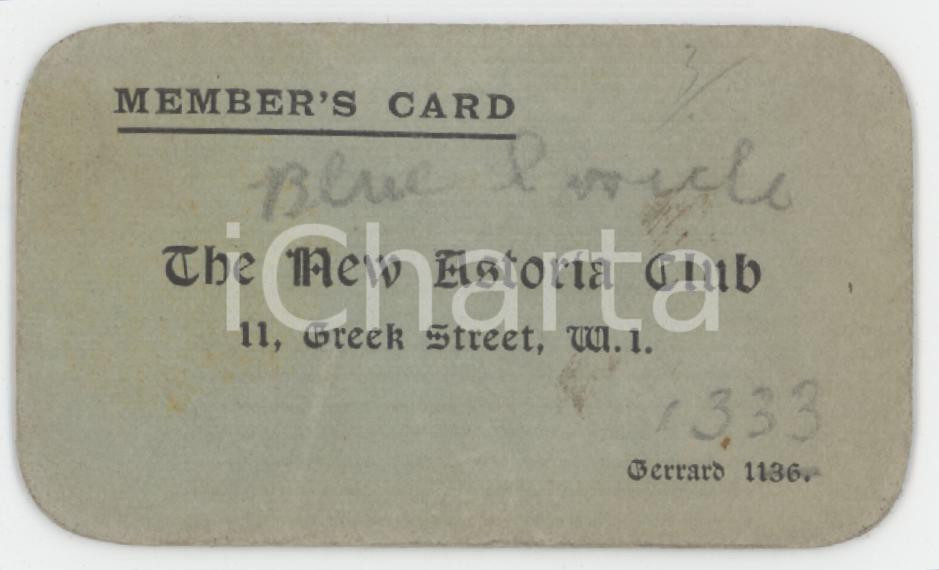 1938 LONDON The New Astoria Club - Member's card 7x4 cm Tessera d'epoca.  FAIR/discreto Lievi aloni Formato: 7x4 cm originale e autentica 1