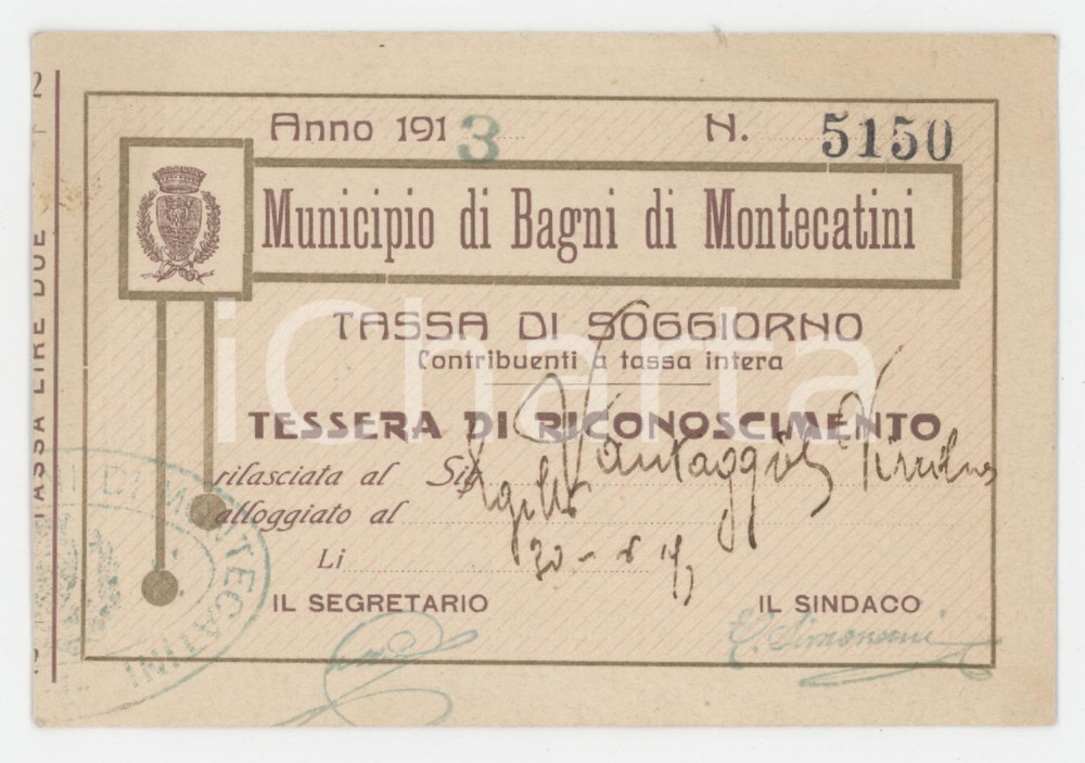 1913 BAGNI DI MONTECATINI Tassa di soggiorno - Tessera di riconoscimento 12x8 cm Tessera d'epoca.  FAIR/discreto Lievi smussature agli angoli Formato: 6x9 cm originale e autentica 1