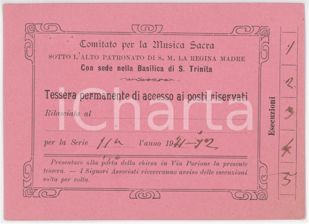 1911 FIRENZE Basilica di Santa Trinità - Comitato musica sacra - Tessera 13x9 cm Tessera d'epoca.   CONDIZIONI:FAIR/discreto Forellini al margine superioreFORMATO: 13x9 cm originale e autentica 1