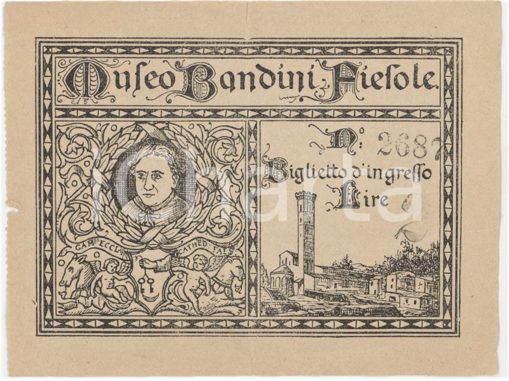 1915 ca FIESOLE Museo Bandini - Biglietto d'ingresso 12x10 cm Biglietto d'epoca.   POOR/danneggiato Strappo al margine superiore e al margine sinistro, piegature agli angoli e gualciture diffuse Formato: 12x10 cm originale e autentica 1