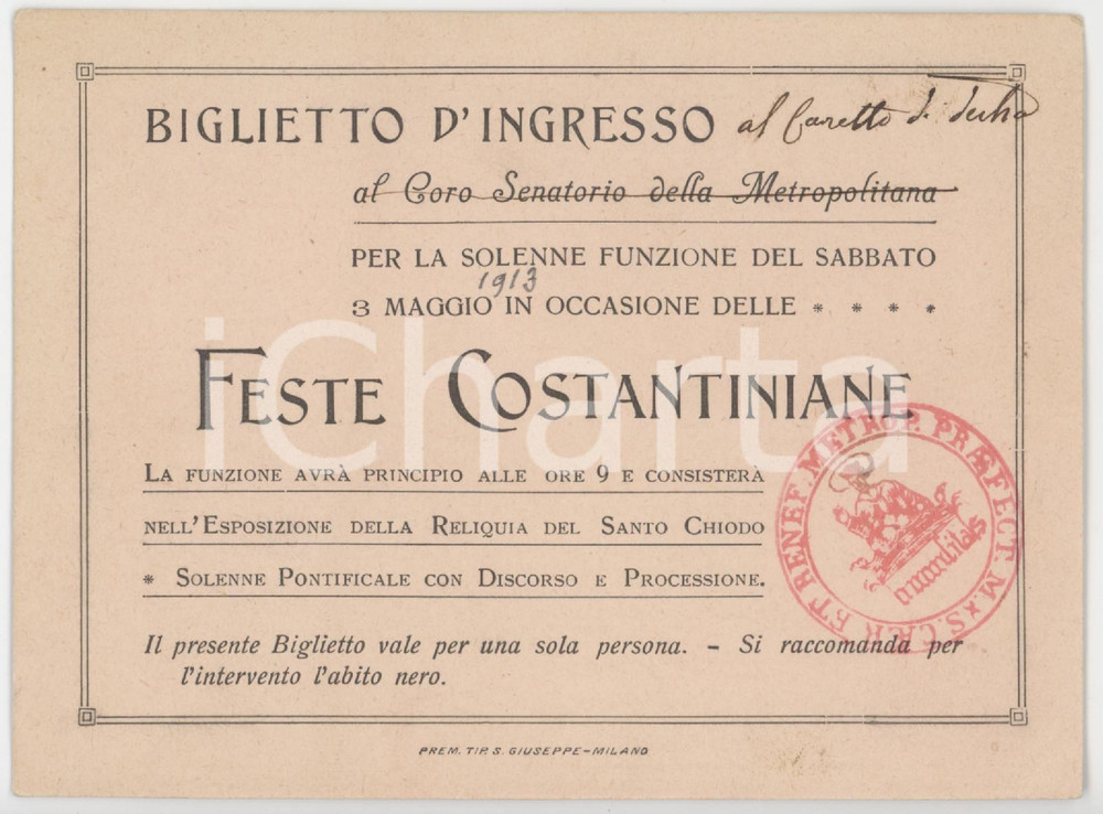 1913 DIOCESI DI MILANO Feste Costantiniane - Esposizione Santo Chiodo - Tessera Tessera d'epoca.   FAIR/discreto Lievi piegature agli angoli Formato: 13x10 cm originale e autentica 1