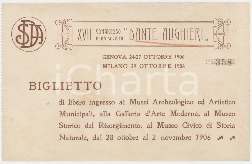 1906 GENOVA - MILANO Congresso società Dante Alighieri - Biglietto omaggio musei Biglietto d'epoca.   CONDIZIONI:VERY POOR/gravemente danneggiato Residui di incollatura al verso, bruniture diffuse, forellini al margine sinistro, parziale distacco degli strati della cartaFORMATO: 14x9 cm originale e autentica 1