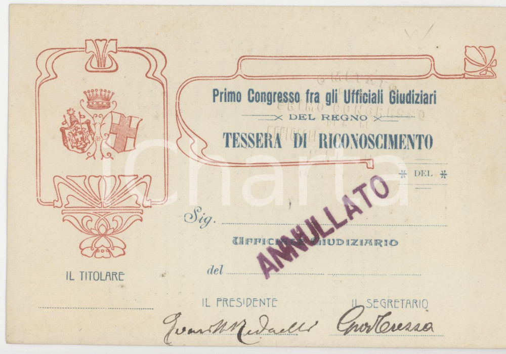 1906 MILANO Primo congresso ufficiali giudiziari del REGNO D'ITALIA Tessera 14x9 Tessera d'epoca.   FAIR/discreto bruniture al recto Formato: 14x9 cm originale e autentica 1