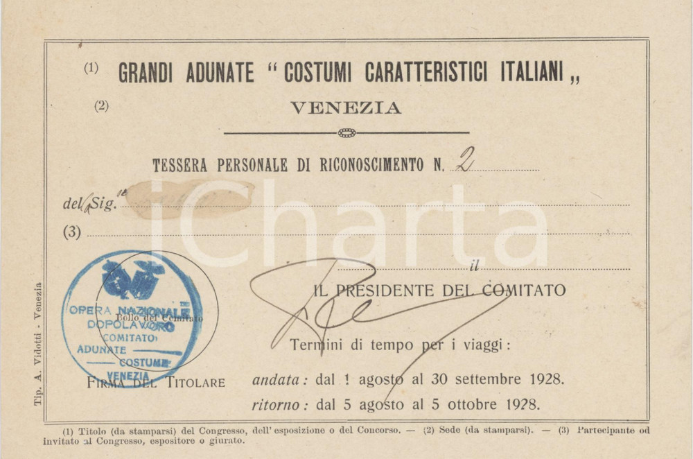 1928 VENEZIA Grandi adunate costumi caratteristici italiani - Tessera 16x11 cm Tessera d'epoca.  FAIR/discreto piegature all'angolo superiore destro Formato: 16x11 cm originale e autentica 1