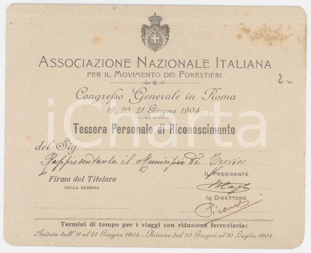 1904 ROMA Congresso Movimento Forestieri - Tessera del rappresentante di TREVISO Tessera d'epoca.  POOR/danneggiato Bruniture, profonda piegatura al margine superiore Formato: 14x11 cm originale e autentica 1