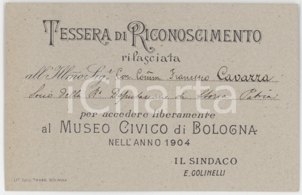 1904 BOLOGNA Museo Civico - Tessera di Francesco CAVAZZA 9x6 cm Tessera d'epoca.   FAIR/discreto Lieve alone al margine sinistro FORMATO: 9x6 cm originale e autentica 1