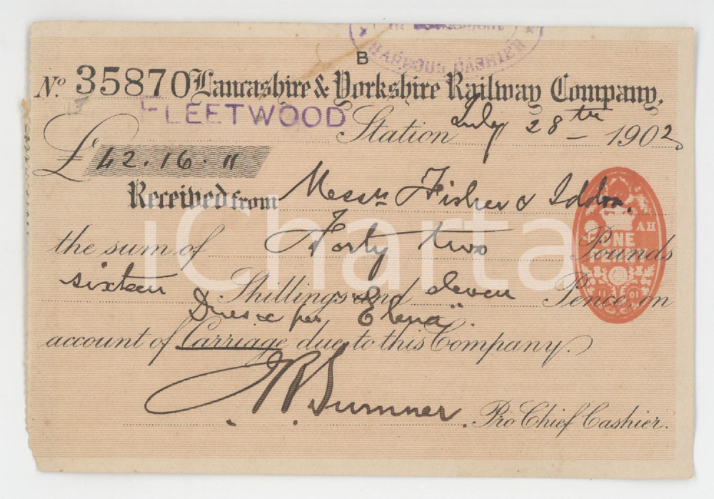 1902 UK Lancashire & Dorkshire Railway Company - Account of carriage due 12x8 cm