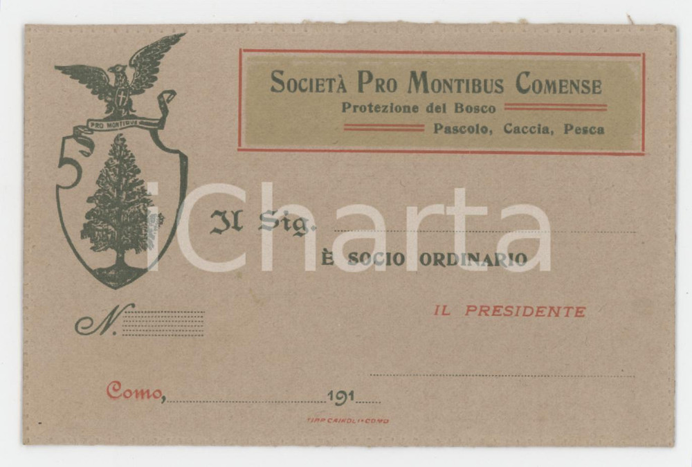 1914 COMO Società Pro Montibus Comense - Protezione del bosco - Tessera 11x7 cm