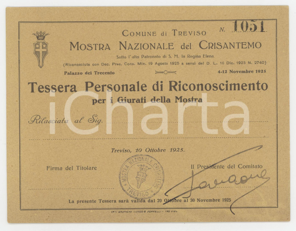 1925 TREVISO Mostra del crisantemo - Tessera per i giurati della mostra 15x11 cm Tessera d'epoca.  FAIR/discreto Lievi smussature agli angoli Formato: 15x11 cm originale e autentica 1