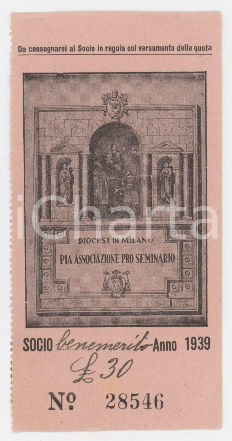 1939 DIOCESI DI MILANO Pia associazione pro seminario *Ricevuta versamento quota