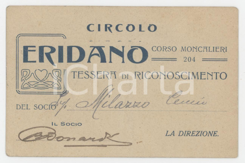 1920 ca TORINO Circolo Eridano - Tessera di riconoscimento 10x6 cm