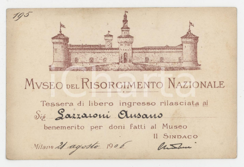 1906 MILANO Museo del Risorgimento Nazionale - Tessera di Ausano LAZZARONI