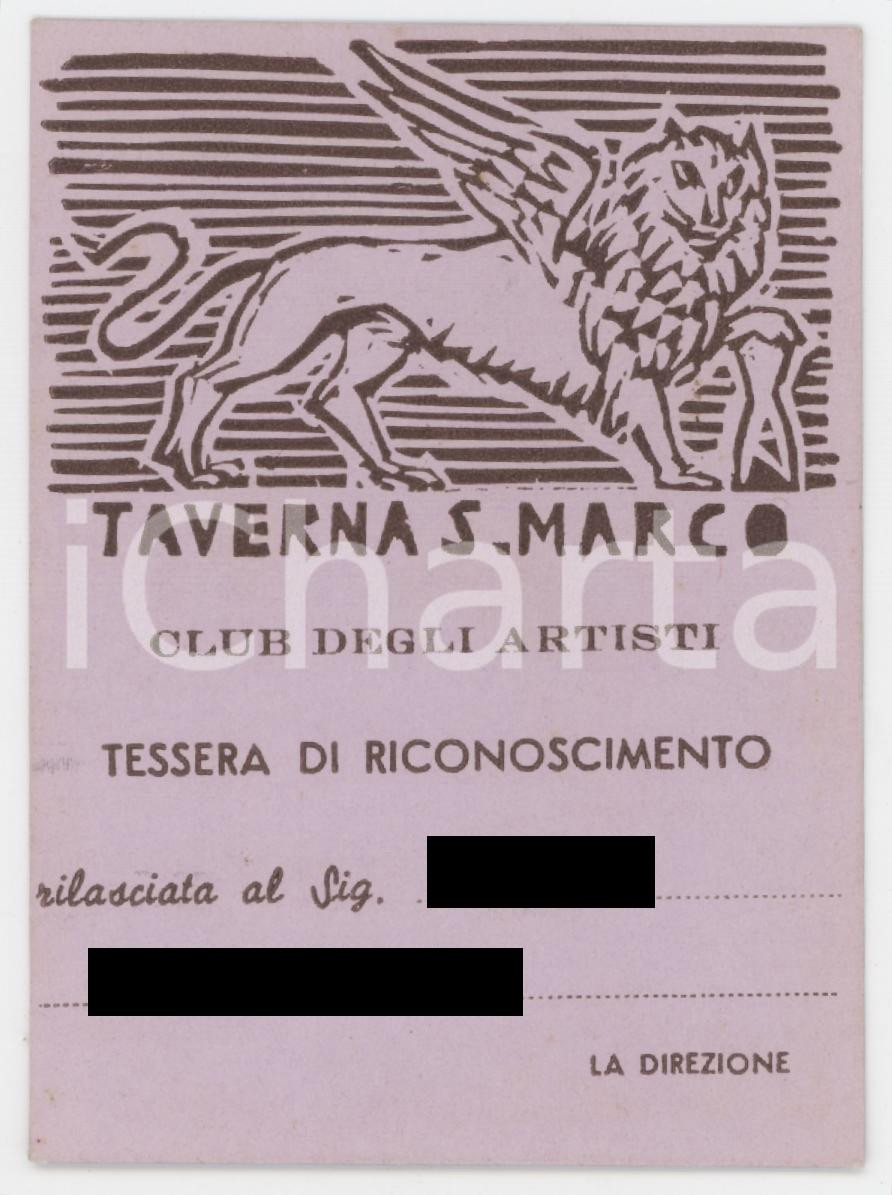1970 ca VENEZIA Taverna San Marco - Club degli artisti - Tessera 7x9 cm