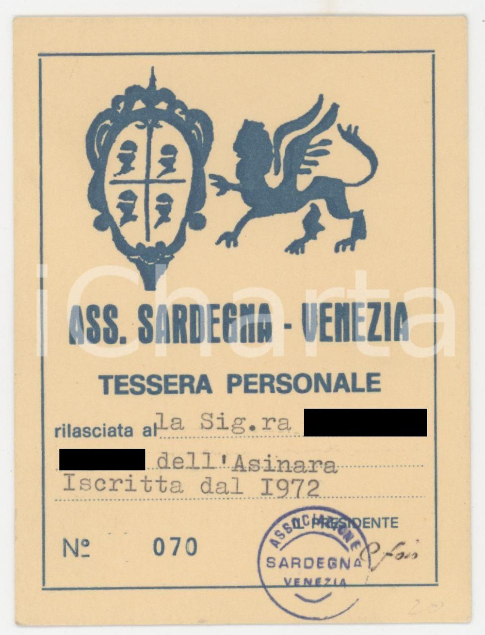 1972 ASSOCIAZIONE SARDEGNA - VENEZIA Tessera 7x10 cm