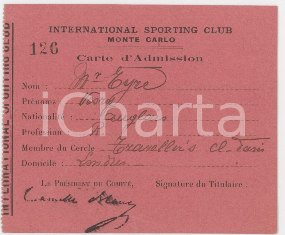 1900 ca MONTECARLO International Sporting Club - Tessera 11x9 cm