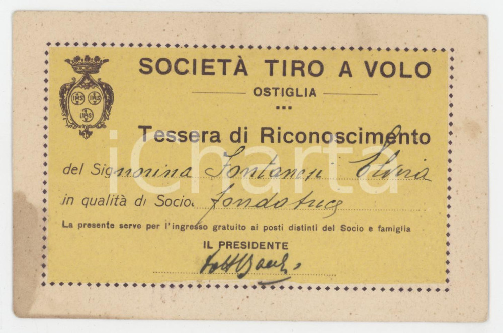 1930 ca OSTIGLIA Società tiro a volo - Tessera di riconoscimento 11x7 cm