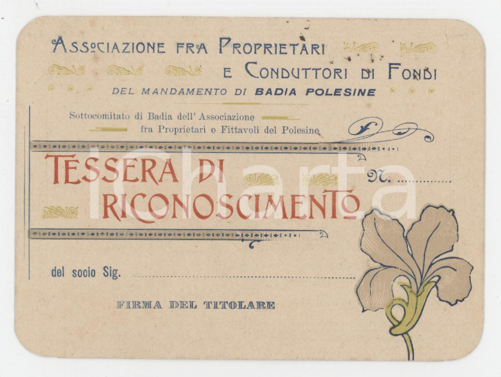 1900 ca BADIA POLESINE Associazione proprietari e conduttori di fondi - Tessera