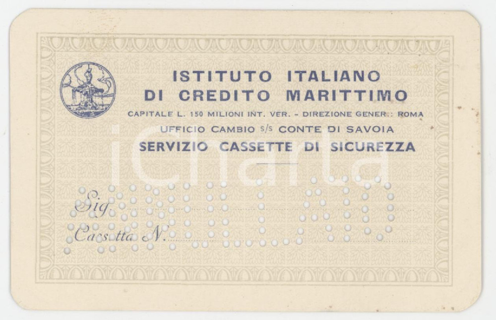1950 ca Istituto Italiano di Credito Marittimo - Tessera annullata 10x6 cm