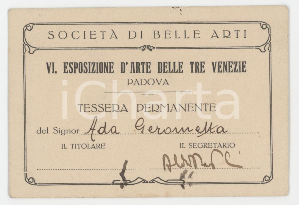 1932 PADOVA Società Belle Arti VI Esposizione d'arte delle Tre Venezie - Tessera Tessera d'epoca.  CONDIZIONI:FAIR/discreto Lievi smussature agli angoliFORMATO: 10x7 cm originale e autentica 1