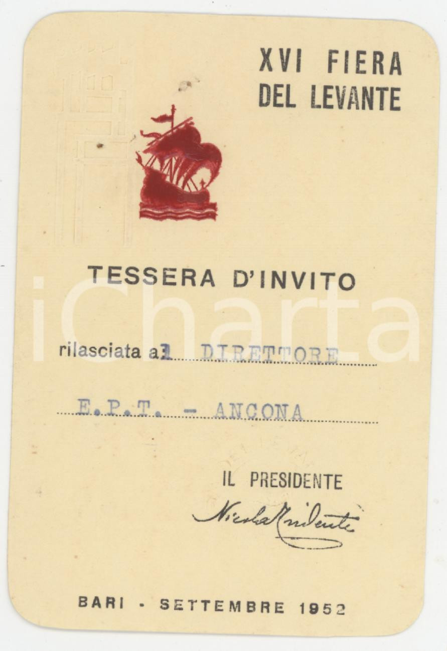 1952 BARI - XVI Fiera del Levante - Tessera del Direttore EPT di Ancona 7x10 cm