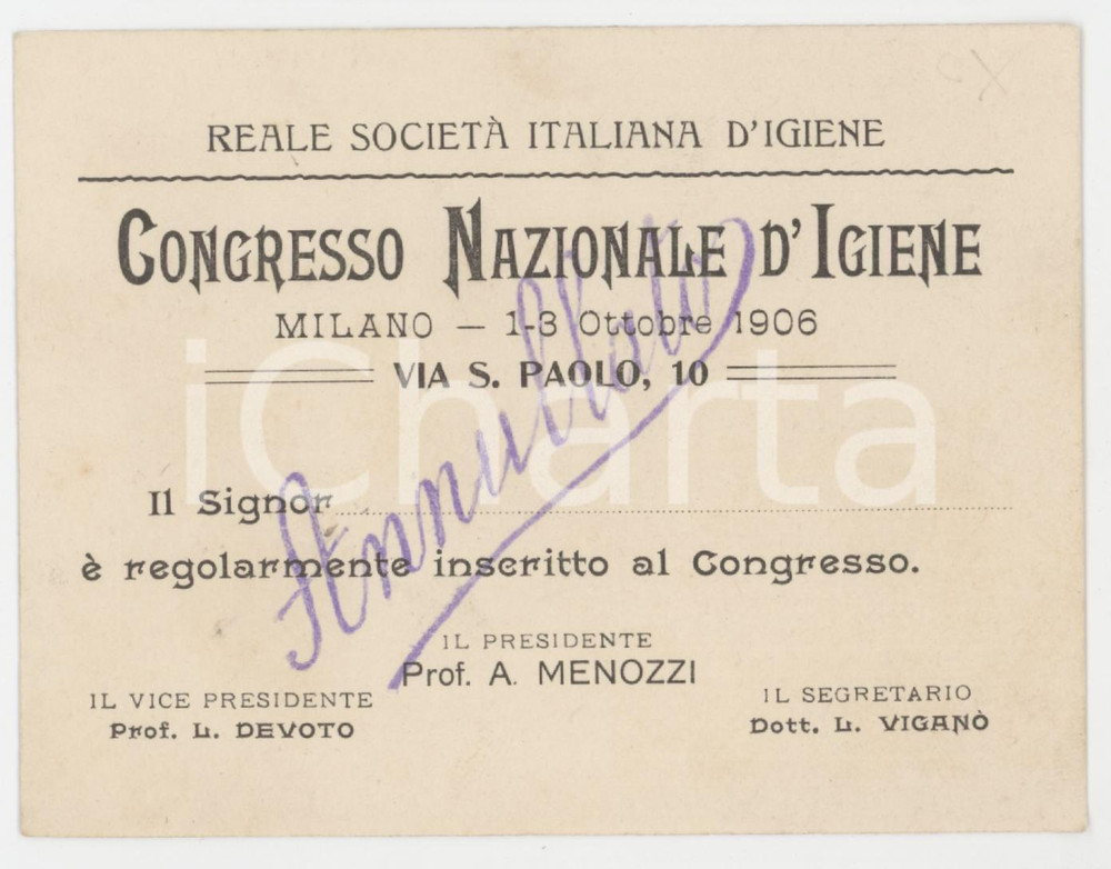 1906 MILANO Congresso Nazionale d'Igiene - Biglietto annullato 11x8 cm